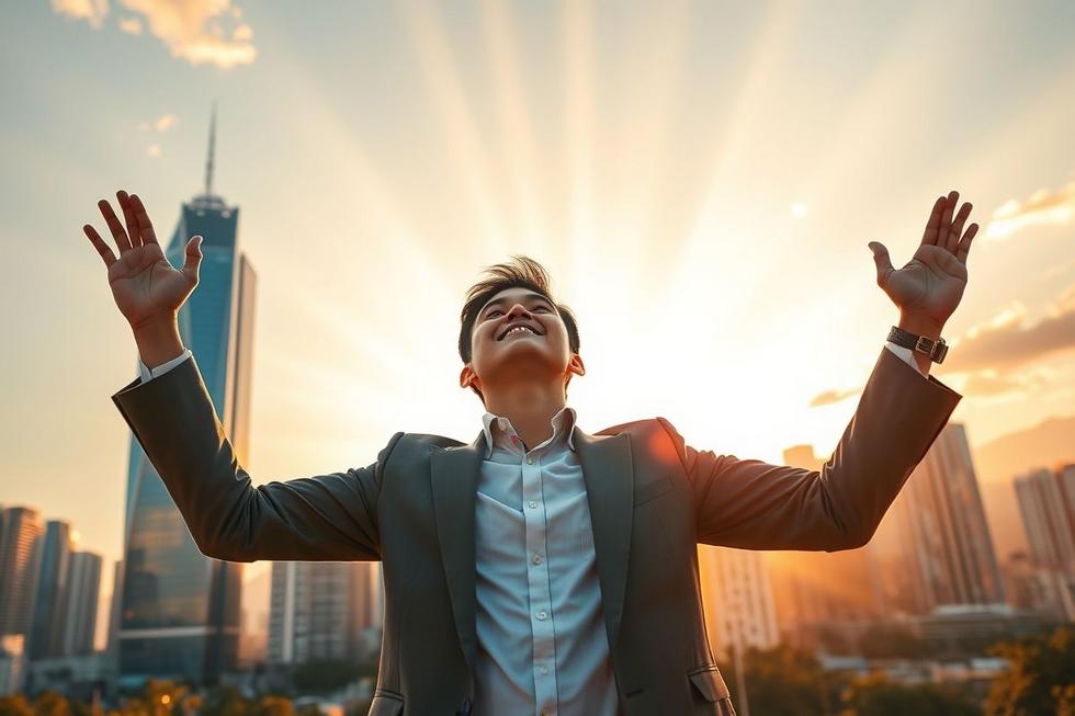 Profissional jovem de braços erguidos diante da cidade ao amanhecer simbolizando bênçãos divinas e prosperidade.