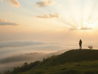 Pessoa em um topo de colina ao amanhecer, olhando para um vale com névoa e luz suave, representando gratidão e apoio emocional.