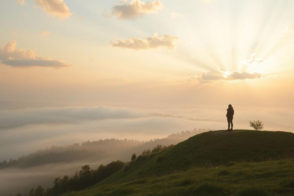 Pessoa em um topo de colina ao amanhecer, olhando para um vale com névoa e luz suave, representando gratidão e apoio emocional.