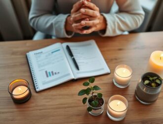 Pessoa rezando com mãos unidas em frente a vela acesa, caderno e planta, representando oração por finanças abençoadas.
