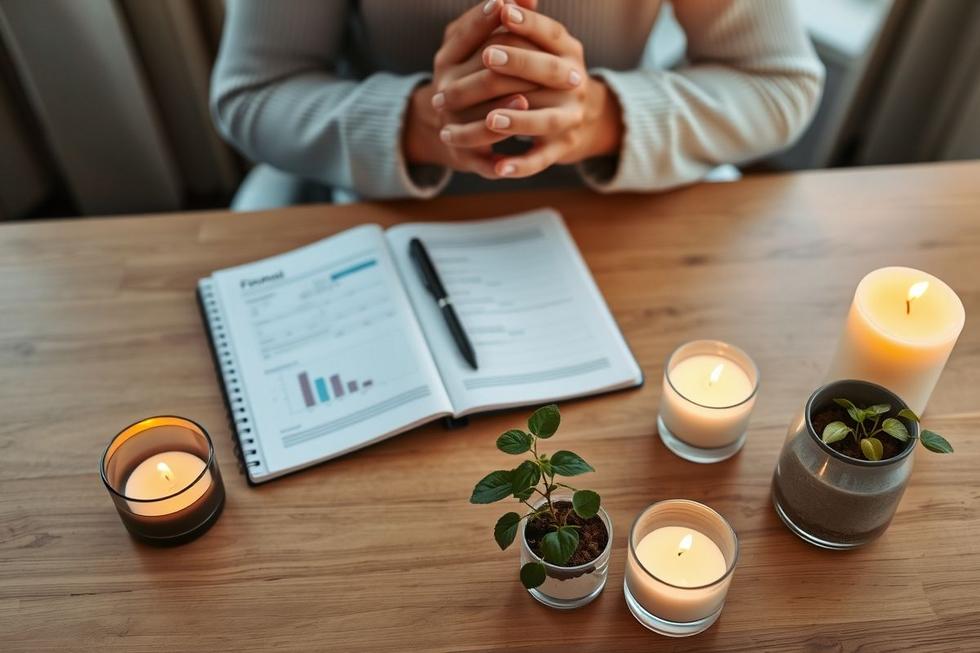 Pessoa rezando com mãos unidas em frente a vela acesa, caderno e planta, representando oração por finanças abençoadas.