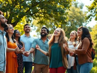 Pessoas sorridentes e unidas ao ar livre em um parque ensolarado, simbolizando fé, esperança e inspiração.