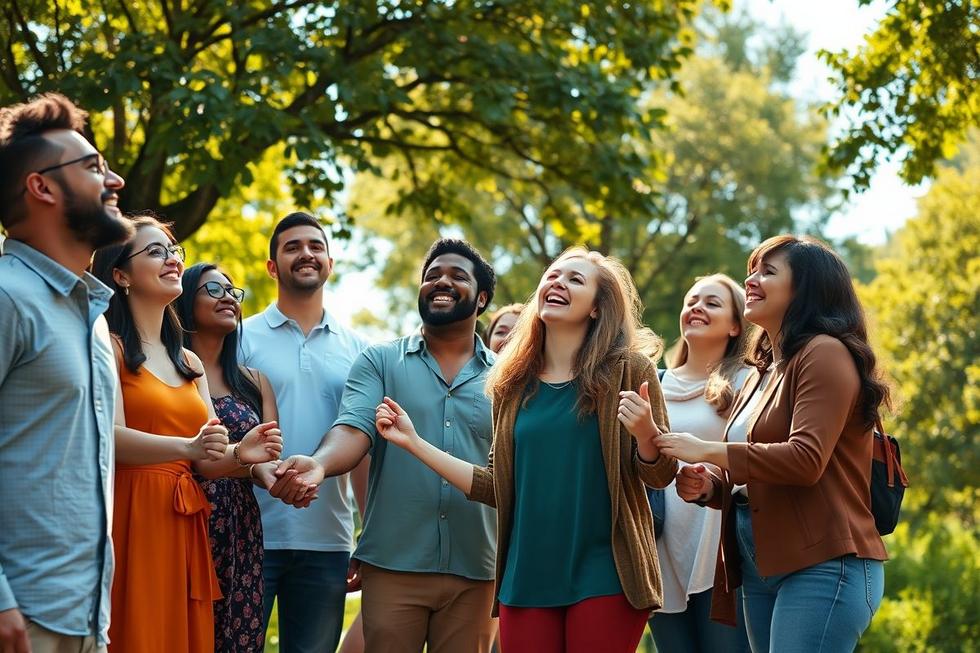 Pessoas sorridentes e unidas ao ar livre em um parque ensolarado, simbolizando fé, esperança e inspiração.
