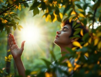 Pessoa orando com mãos levantadas envolta em luz suave em ambiente natural, representando gratidão e relação com Deus.