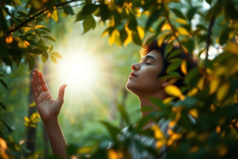 Pessoa orando com mãos levantadas envolta em luz suave em ambiente natural, representando gratidão e relação com Deus.