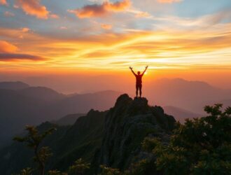Figura em cima de uma montanha ao amanhecer com braços erguidos simbolizando conquista espiritual e prosperidade.