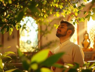 Pessoa rezando em ambiente iluminado e calmo, com símbolos de prosperidade e fé.