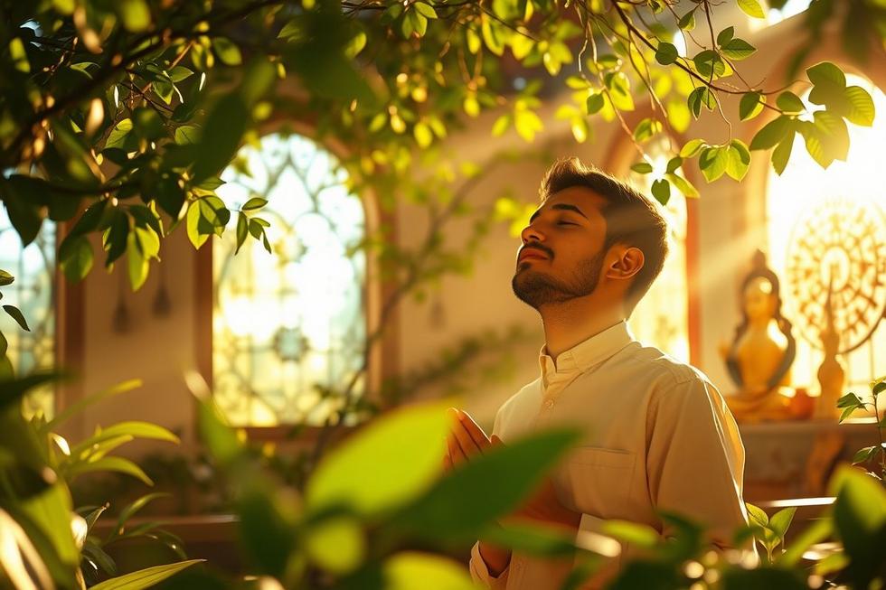 Pessoa rezando em ambiente iluminado e calmo, com símbolos de prosperidade e fé.