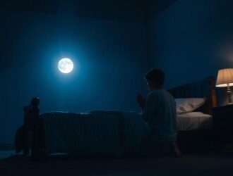 Pessoa ajoelhada ao lado da cama em oração noturna, sob luz suave que simboliza conforto e proteção espiritual.