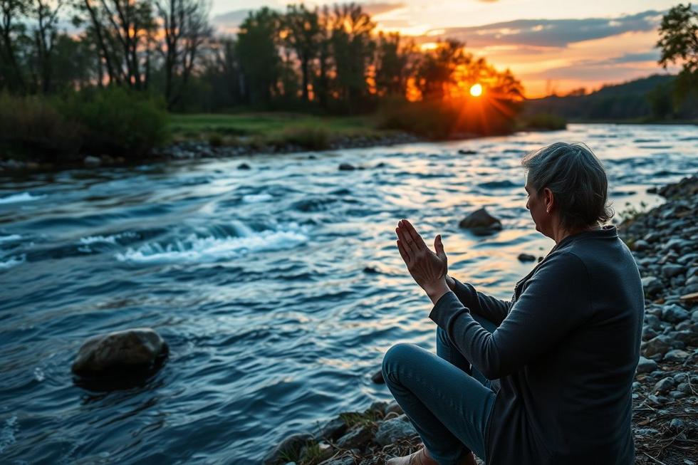 Pessoa sentada ao lado de rio ao pôr do sol com mãos em oração, transmitindo conforto espiritual.