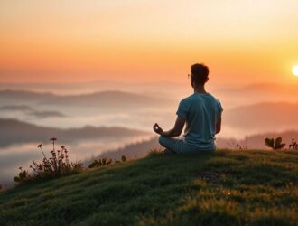 Pessoa meditando ao nascer do sol em colina com vale enevoado, representando inspiração espiritual e conforto diário.
