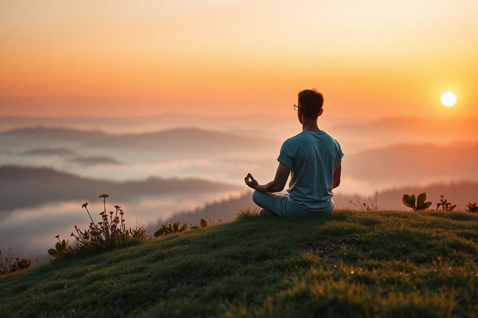 Pessoa meditando ao nascer do sol em colina com vale enevoado, representando inspiração espiritual e conforto diário.