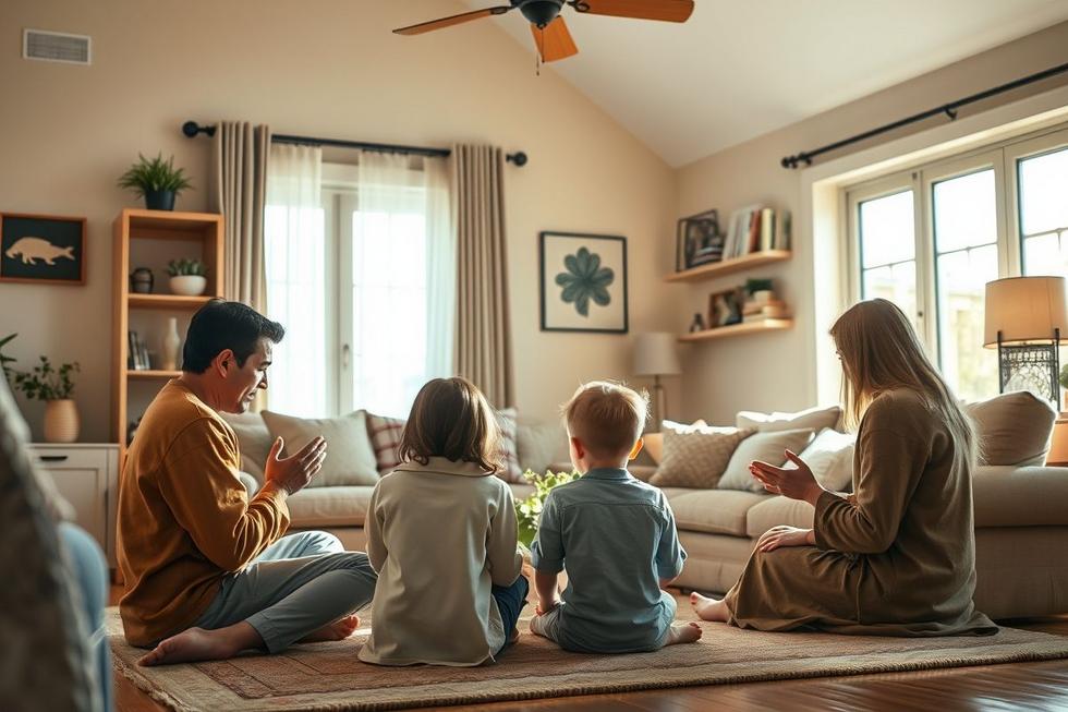 Família reunida em oração num ambiente iluminado e acolhedor, simbolizando fé e prosperidade no lar.