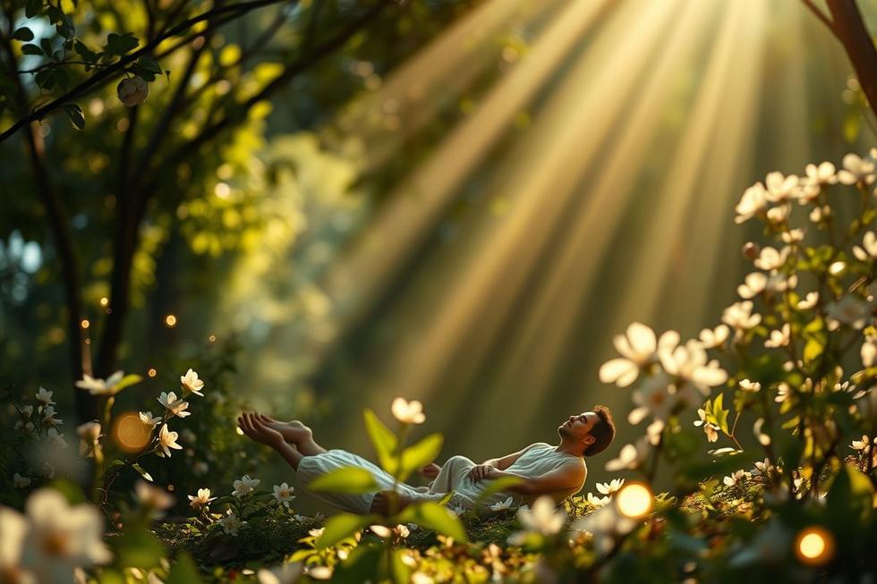Pessoa meditando em ambiente natural com raios de sol suaves, flores delicadas e pequenas luzes, simbolizando gratidão e reflexão.