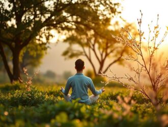 Pessoa meditando ao ar livre na luz suave do amanhecer, simbolizando equilíbrio espiritual e autocuidado.