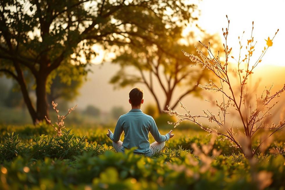 Pessoa meditando ao ar livre na luz suave do amanhecer, simbolizando equilíbrio espiritual e autocuidado.