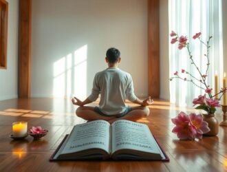 Pessoa meditando em quarto iluminado com objetos espirituais, transmitindo paz e conexão.