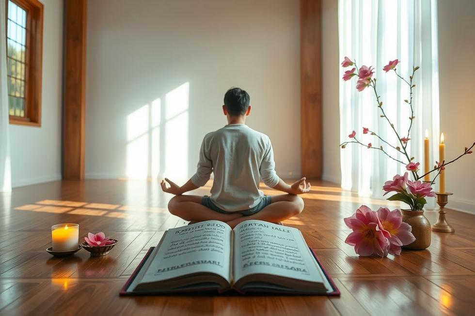 Pessoa meditando em quarto iluminado com objetos espirituais, transmitindo paz e conexão.