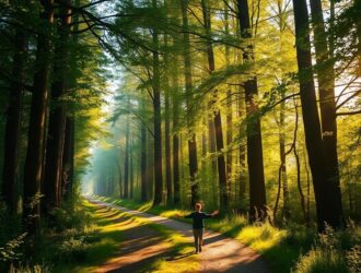 Pessoa caminhando com os braços abertos em uma floresta iluminada pelo sol, representando a presença divina na vida diária.