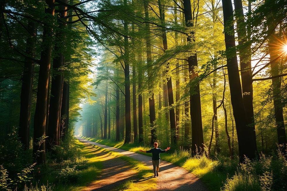 Pessoa caminhando com os braços abertos em uma floresta iluminada pelo sol, representando a presença divina na vida diária.