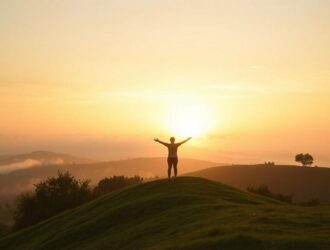 Pessoa de braços abertos contemplando o nascer do sol em paisagem tranquila, representando fé e esperança