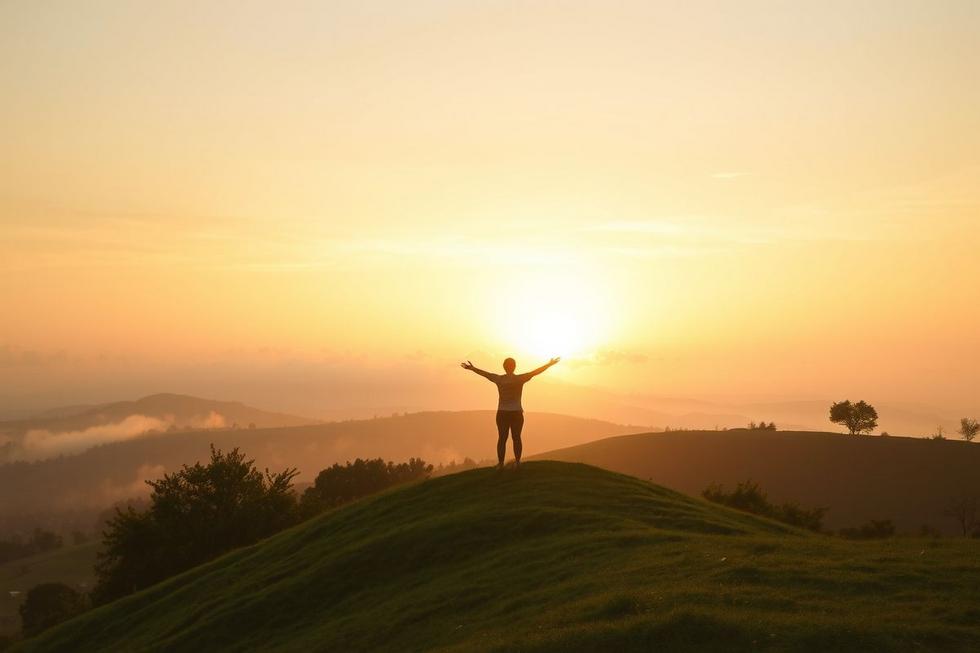 Pessoa de braços abertos contemplando o nascer do sol em paisagem tranquila, representando fé e esperança