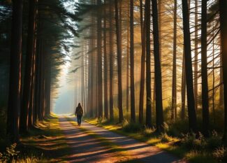 Pessoa caminhando por uma trilha iluminada que simboliza esperança e fé na jornada espiritual.