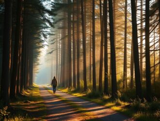 Pessoa caminhando por uma trilha iluminada que simboliza esperança e fé na jornada espiritual.