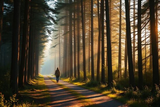Pessoa caminhando por uma trilha iluminada que simboliza esperança e fé na jornada espiritual.