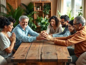 Família diversa orando junta em ambiente acolhedor e iluminado.