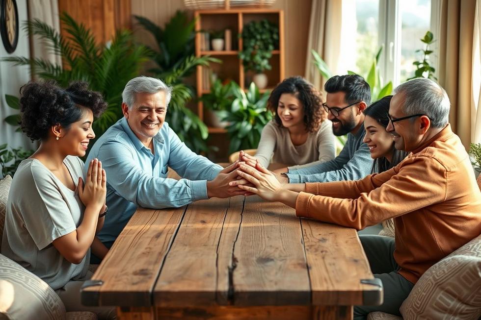 Família diversa orando junta em ambiente acolhedor e iluminado.