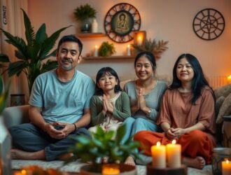 Família reunida em casa em um ambiente calmo e espiritual, com elementos que inspiram paz e conexão.