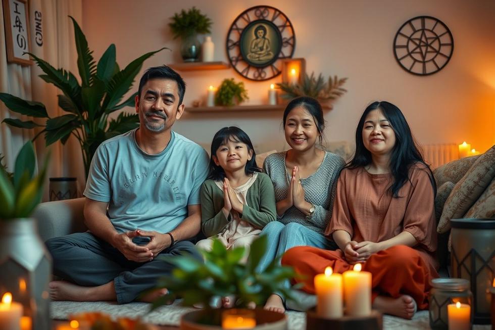 Família reunida em casa em um ambiente calmo e espiritual, com elementos que inspiram paz e conexão.