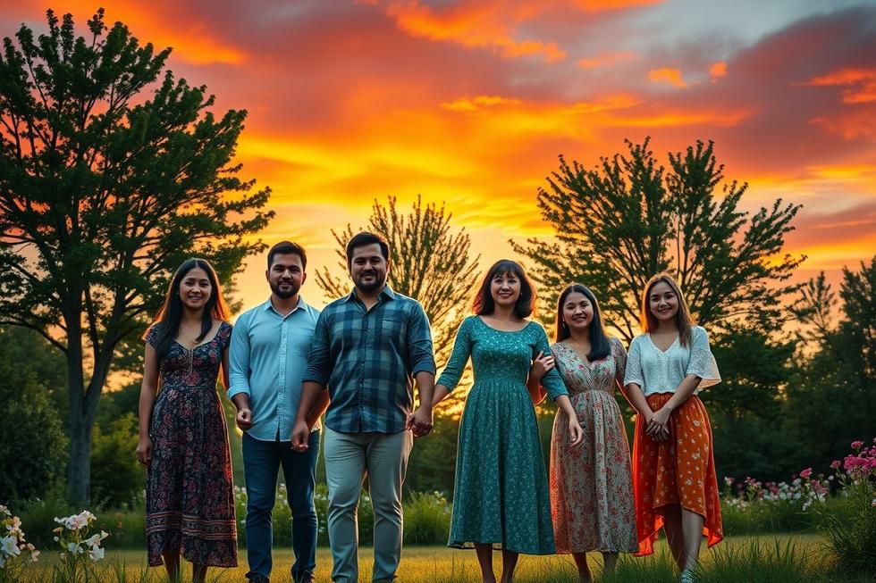 Família diversa unida de mãos dadas formando um círculo ao ar livre durante o pôr do sol, simbolizando fé e esperança.