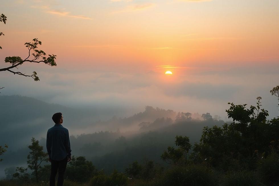 Imagem fotorrealista de uma pessoa observando o nascer do sol em um vale com névoa, simbolizando esperança e conforto espiritual.