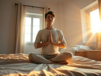 Pessoa em posição de oração meditativa ao amanhecer, transmitindo calma e esperança.