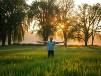 Pessoa abraçando o amanhecer em um campo, com luz suave do sol e sensação de paz espiritual.
