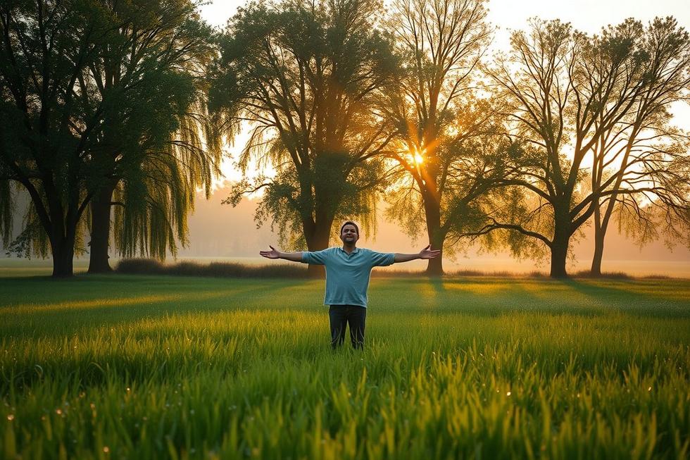 Pessoa abraçando o amanhecer em um campo, com luz suave do sol e sensação de paz espiritual.