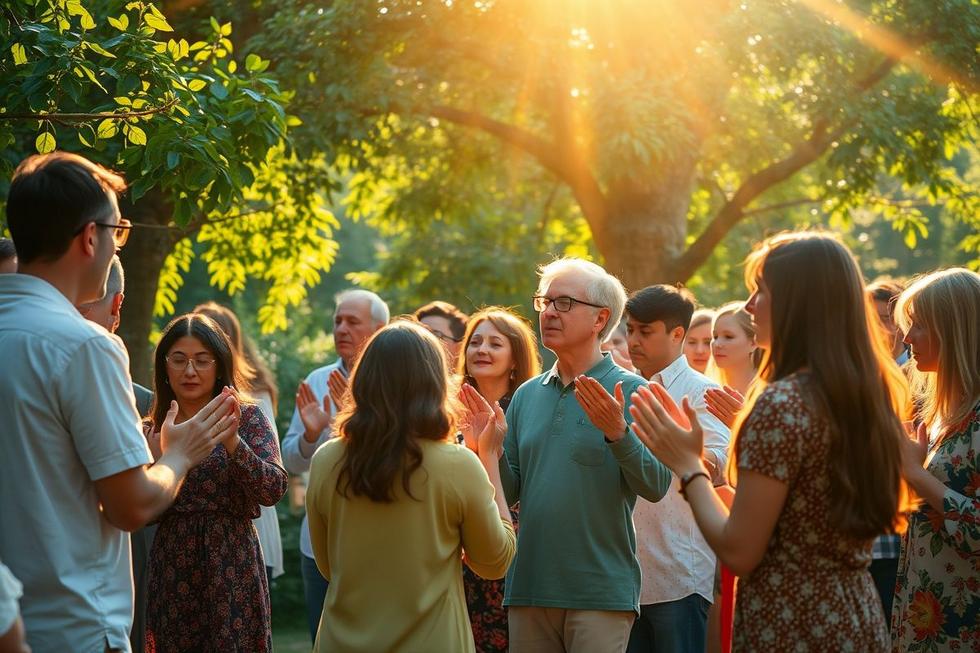 Pessoas diversas em oração ao ar livre com luz dourada simbolizando expansão espiritual e oportunidades
