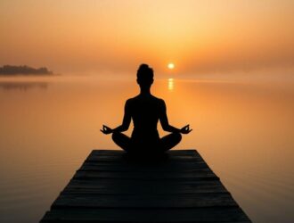 Pessoa meditando ao amanhecer em um cais à beira de um lago calmo, refletindo tranquilidade.