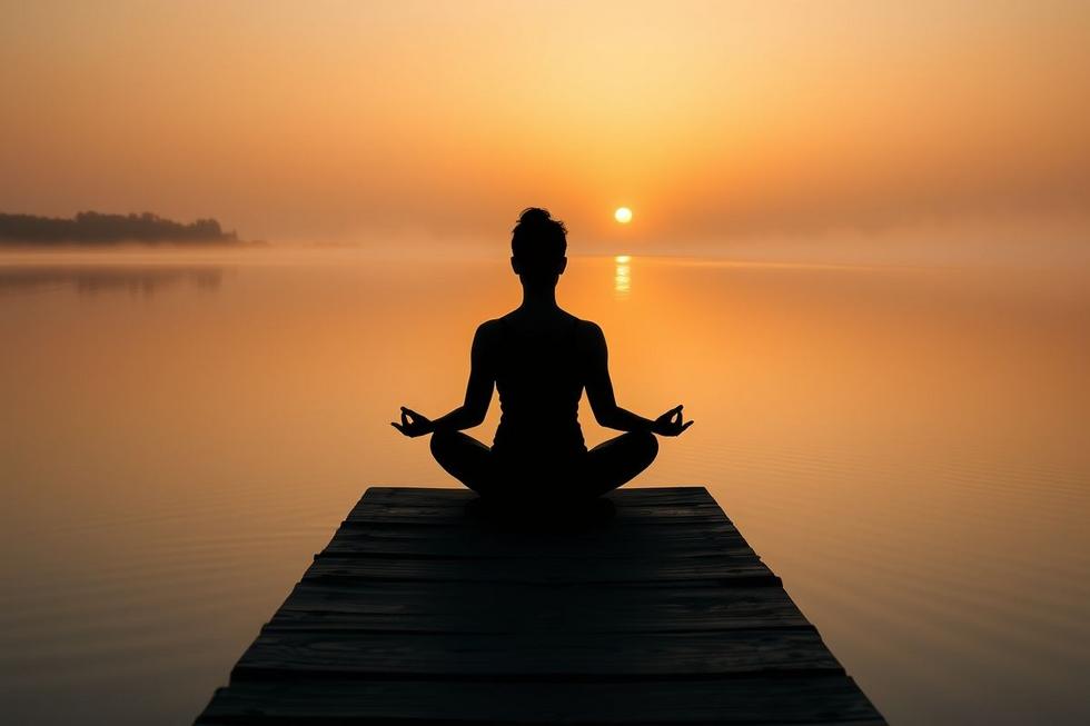 Pessoa meditando ao amanhecer em um cais à beira de um lago calmo, refletindo tranquilidade.