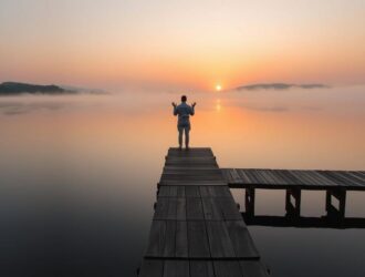 Pessoa em um pier ao amanhecer, com mãos levemente levantadas em oração, cercada por névoa suave e luz dourada.