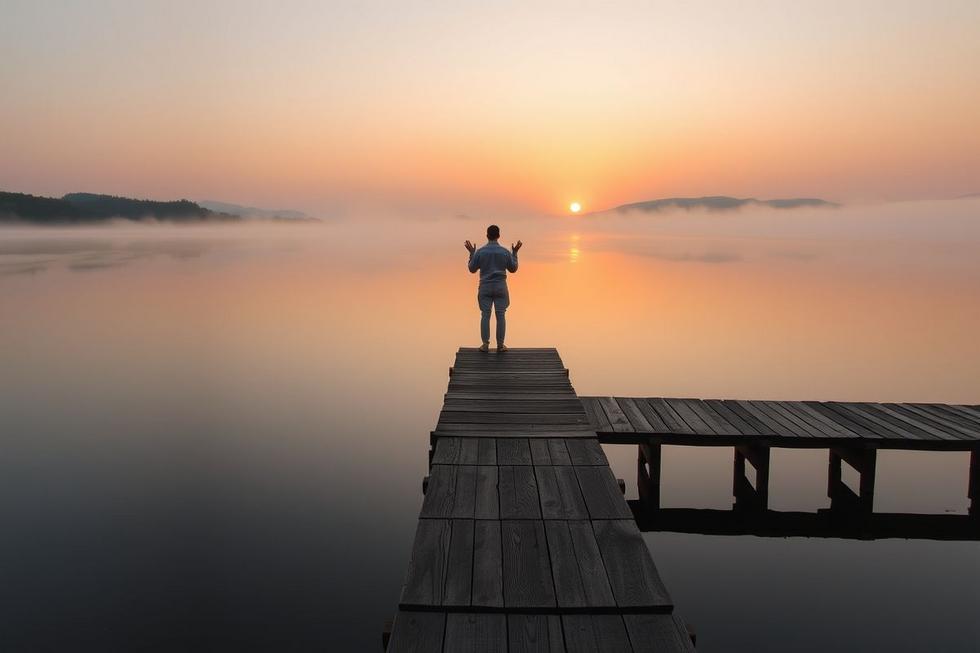 Pessoa em um pier ao amanhecer, com mãos levemente levantadas em oração, cercada por névoa suave e luz dourada.