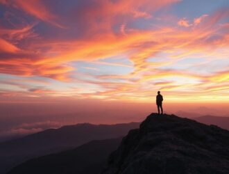 Figura solitária de pé no topo da montanha durante o amanhecer, representando inspiração espiritual e superação pela fé.