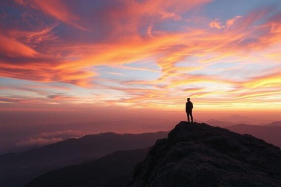 Figura solitária de pé no topo da montanha durante o amanhecer, representando inspiração espiritual e superação pela fé.