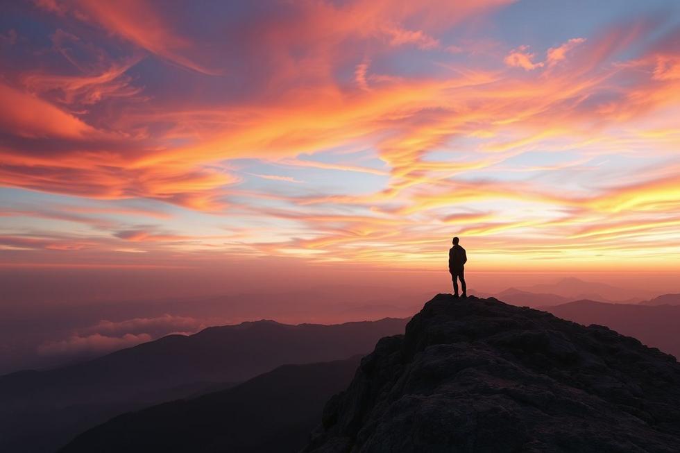 Figura solitária de pé no topo da montanha durante o amanhecer, representando inspiração espiritual e superação pela fé.