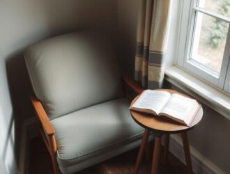 Ambiente sereno com cadeira confortável, incenso aceso e livro espiritual próximo a uma janela iluminada, simbolizando rotina espiritual.