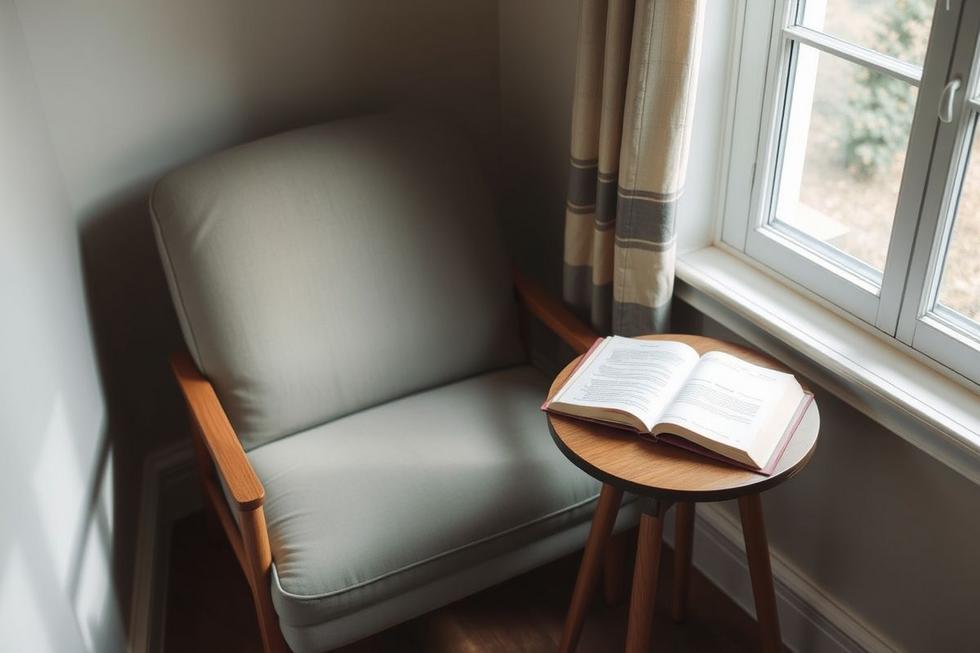 Ambiente sereno com cadeira confortável, incenso aceso e livro espiritual próximo a uma janela iluminada, simbolizando rotina espiritual.